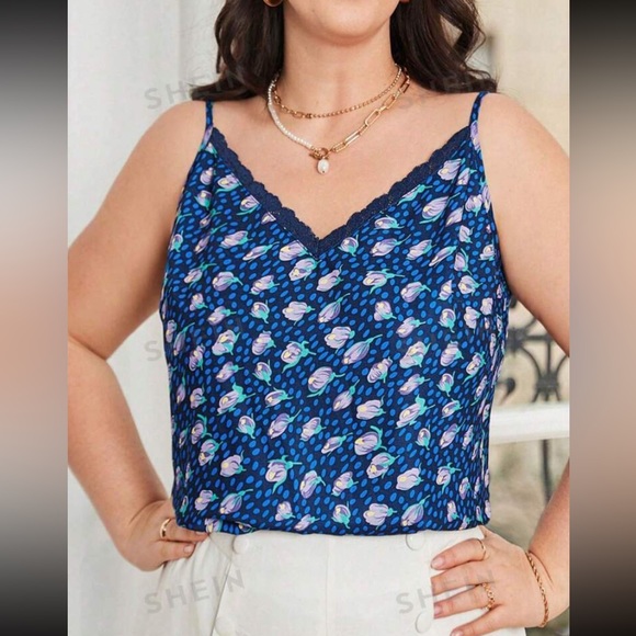 Plus Size Lace & Floral French Style Tank Top Vibrant Blue Green Purple - Picture 14 of 16